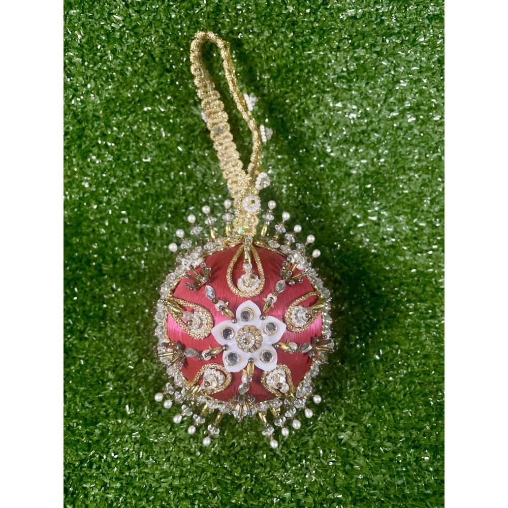 Vintage Pink Gold Push‎ Pin Ornament Handmade Beaded Sequin 1970s Christmas MCM